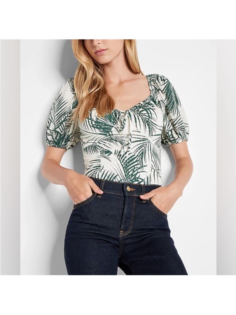 Express Palm Print Eyelet Puff Sleeve Tie Neck Thong Bodysuit